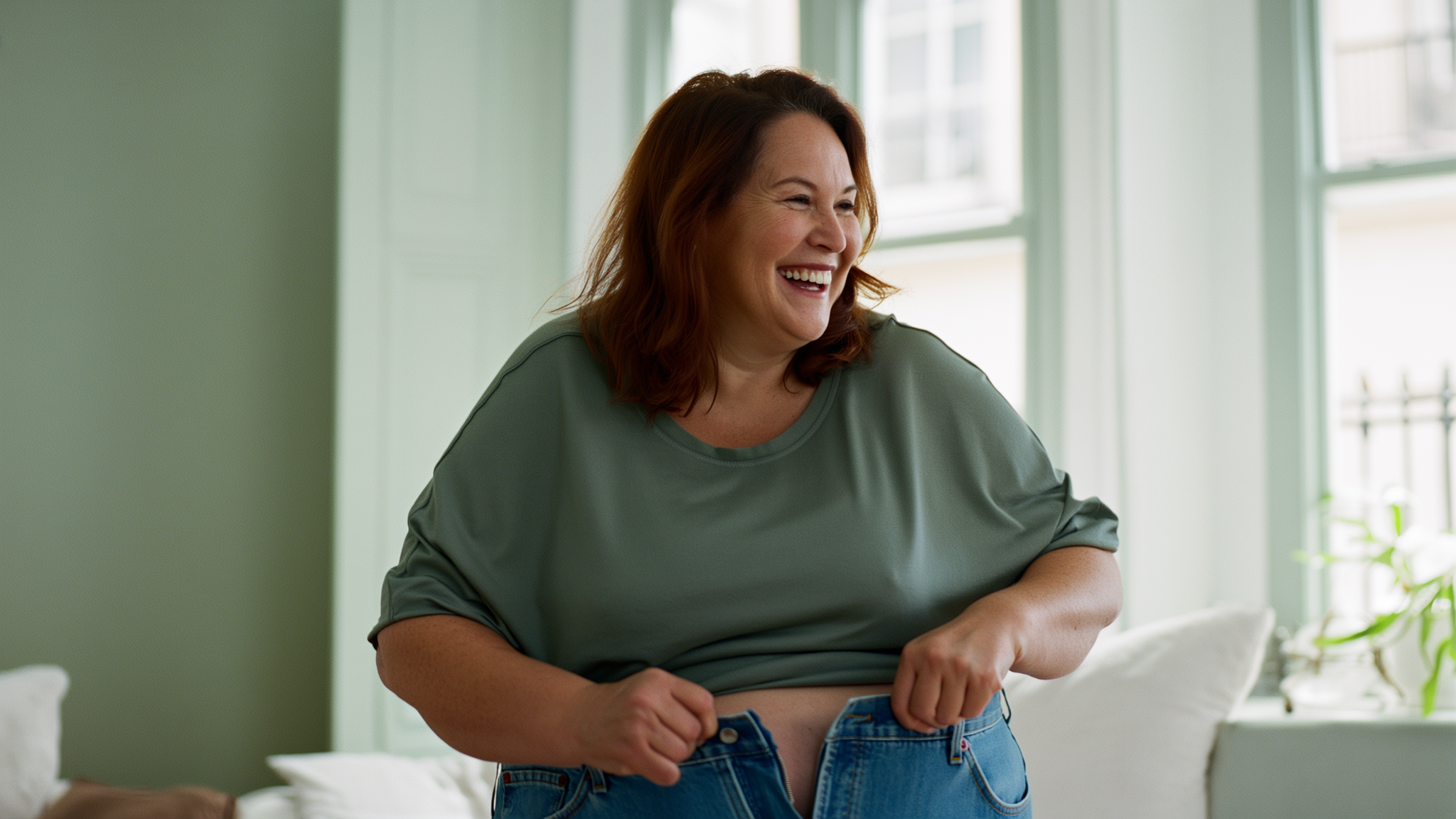 A happy MedicLab patient showing weight-loss progress in looser jeans