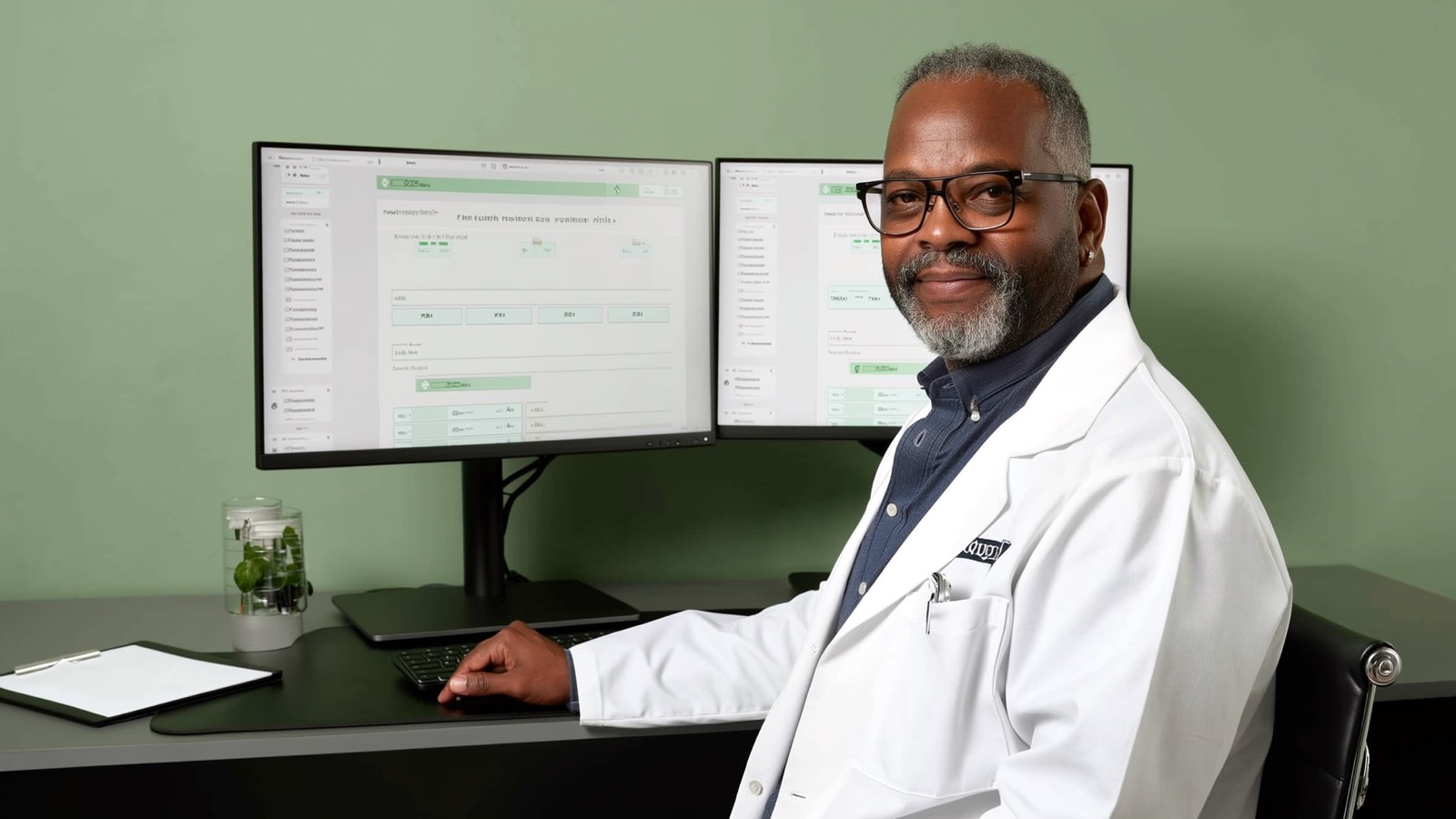 A physician reviewing patient charts at a modern telehealth workstation