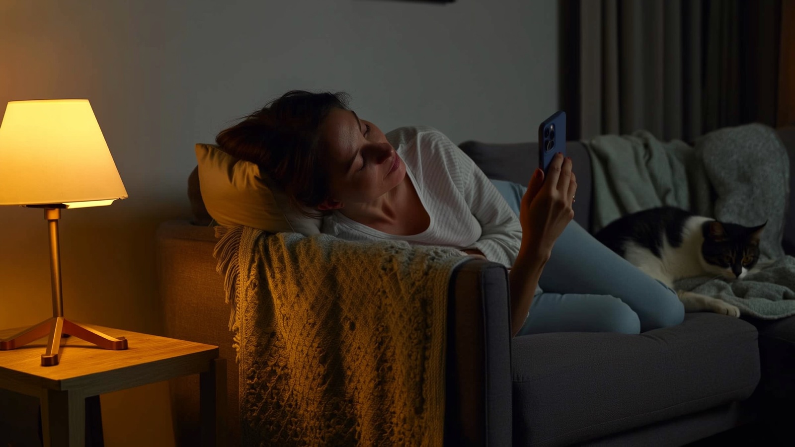 A woman completing her private health intake from her sofa at night